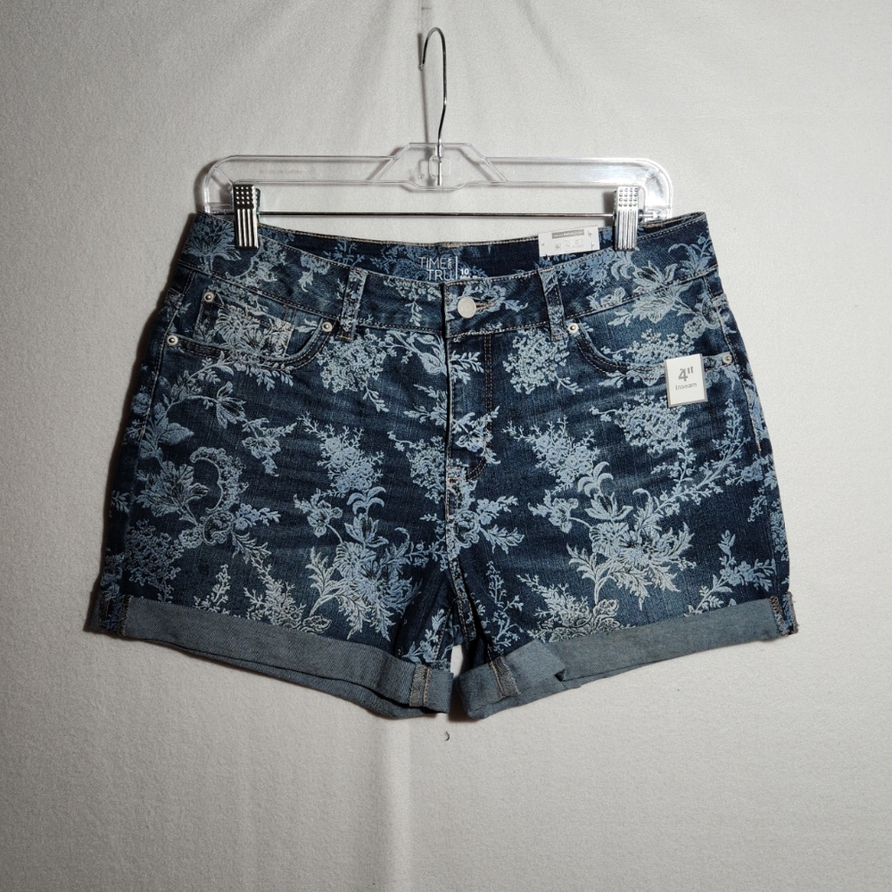 Women's Time And Tru 4" Relaxed Fit Mid-Rise Shorts  Size 10 Flowers Print NWT